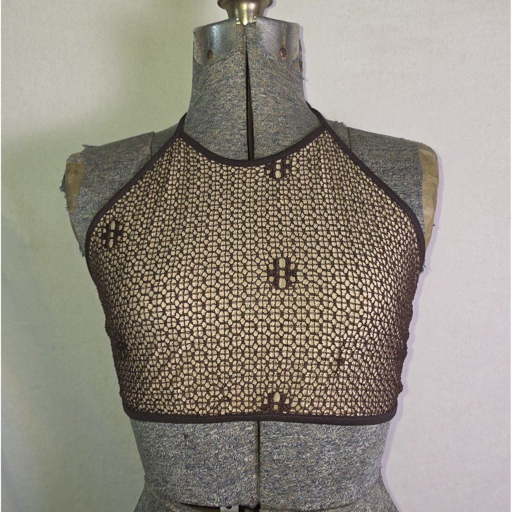Vintage 80s 90s Brown Tan Crochet Crop Top Halter Bralet Top S/M/L‎ XOXO Tie Top